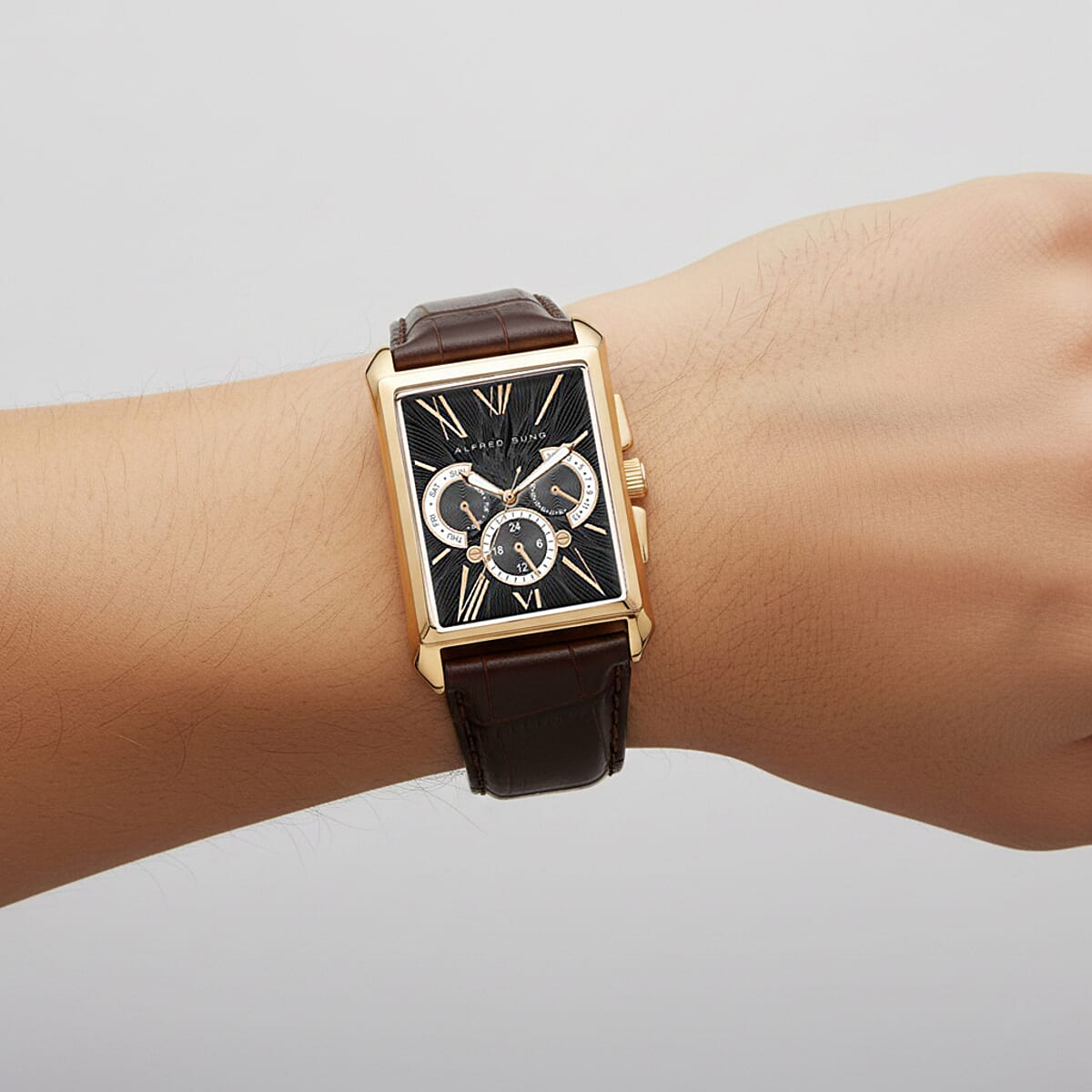 Closeout Alfred Sung ION Plated Rose Gold Japanese Movement Watch with Brown Genuine Leather Strap image number 2