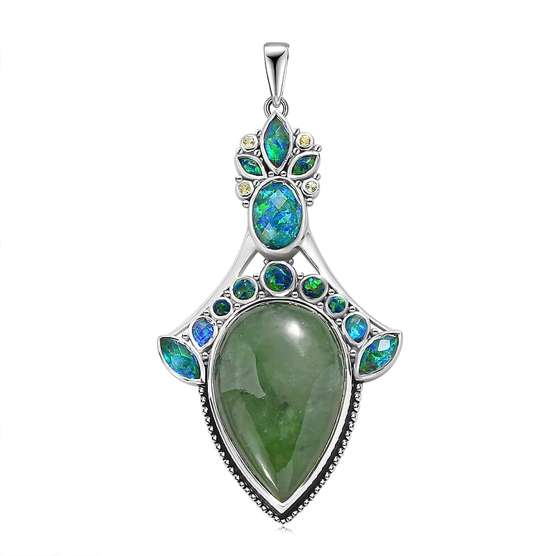 Sajen Silver Nephrite Jade and Multi Gemstone 19.10 ctw Pendant without Chain in Rhodium Over Sterling Silver