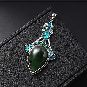 Sajen Silver Nephrite Jade and Multi Gemstone 19.10 ctw Pendant without Chain in Rhodium Over Sterling Silver