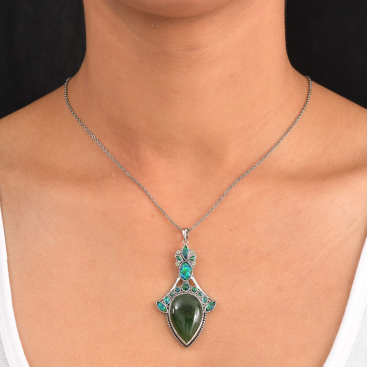 Sajen Silver Nephrite Jade and Multi Gemstone 19.10 ctw Pendant in Rhodium Over Sterling Silver image number 2