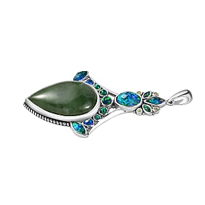Sajen Silver Nephrite Jade and Multi Gemstone 19.10 ctw Pendant without Chain in Rhodium Over Sterling Silver