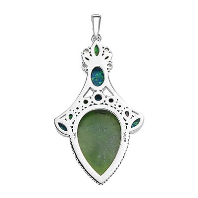 Sajen Silver Nephrite Jade and Multi Gemstone 19.10 ctw Pendant without Chain in Rhodium Over Sterling Silver