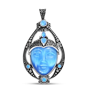 Sajen Silver Optic Fiber Blue Carved and Multi Gemstone 22.50 ctw Pendant without Chain in Rhodium Over Sterling Silver