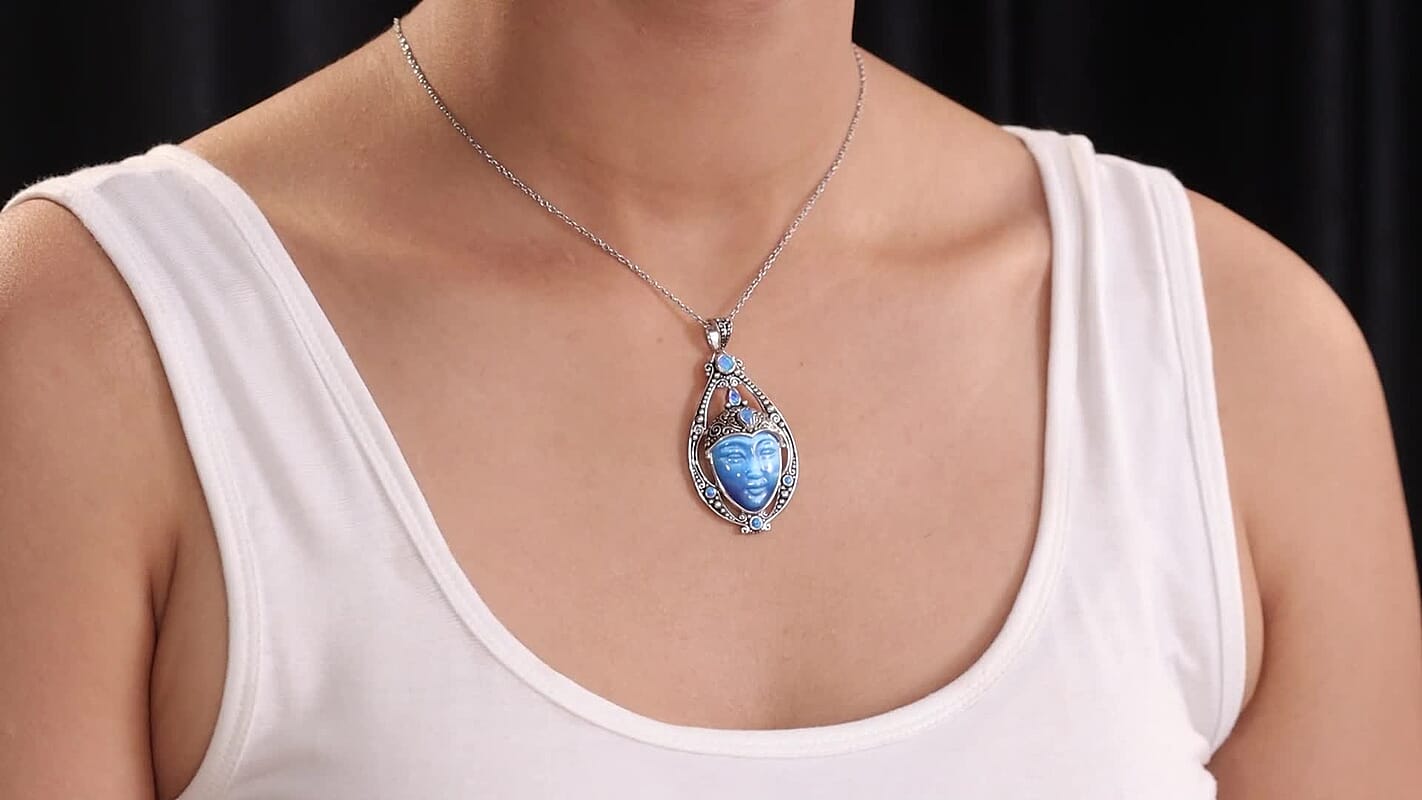 Sajen Silver Optic Fiber Blue Carved and Multi Gemstone 22.50 ctw Pendant without Chain in Rhodium Over Sterling Silver