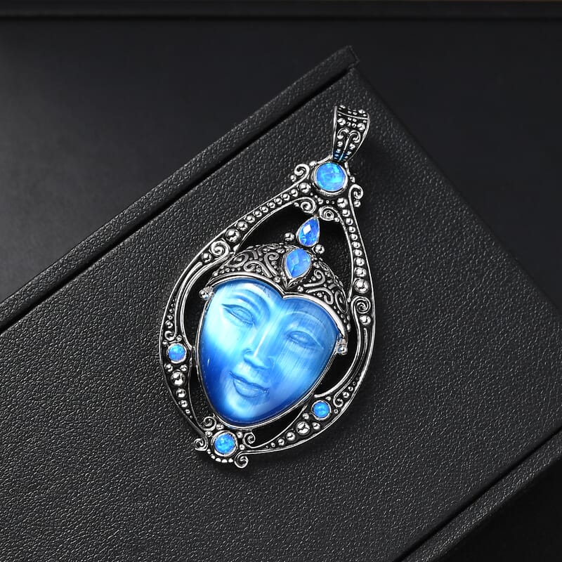 Sajen Silver Optic Fiber Blue Carved and Multi Gemstone 22.50 ctw Pendant without Chain in Rhodium Over Sterling Silver