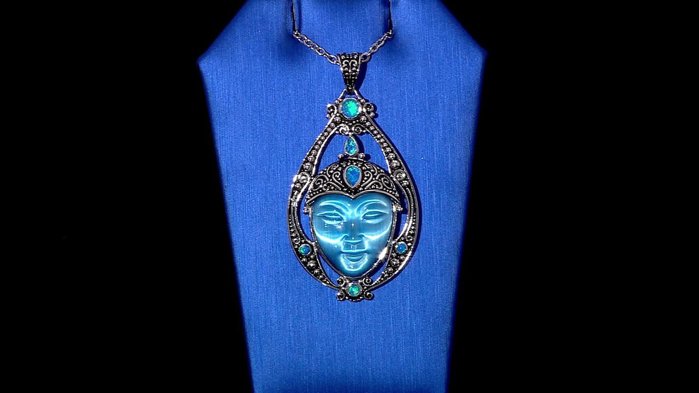 Sajen Silver Optic Fiber Blue Carved and Multi Gemstone 22.50 ctw Pendant without Chain in Rhodium Over Sterling Silver