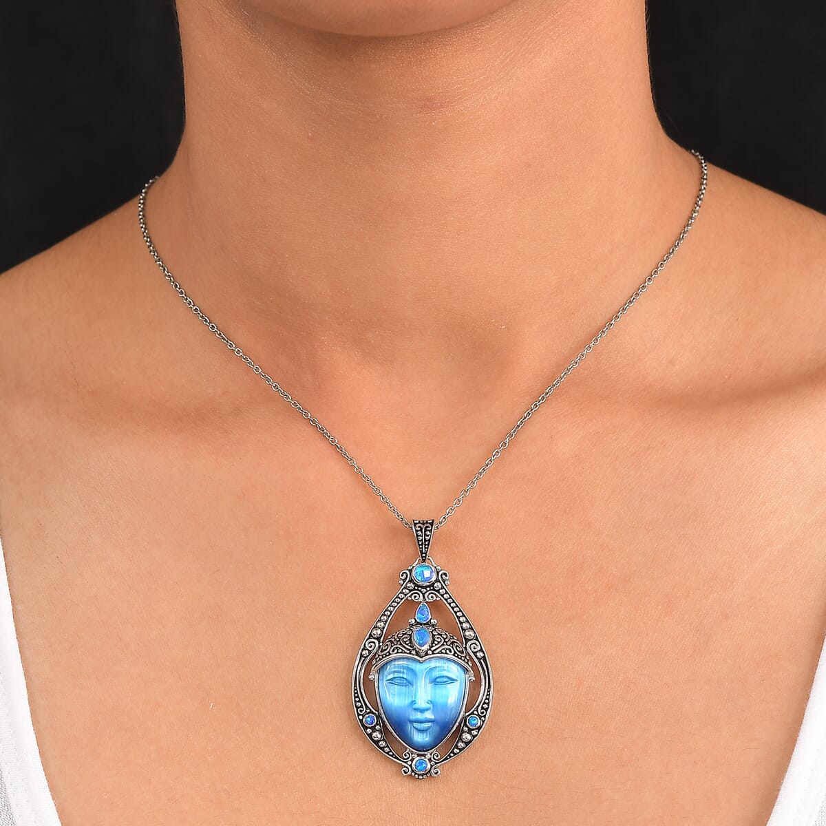 Sajen Silver Optic Fiber Blue Carved and Multi Gemstone 22.50 ctw Pendant without Chain in Rhodium Over Sterling Silver image number 2