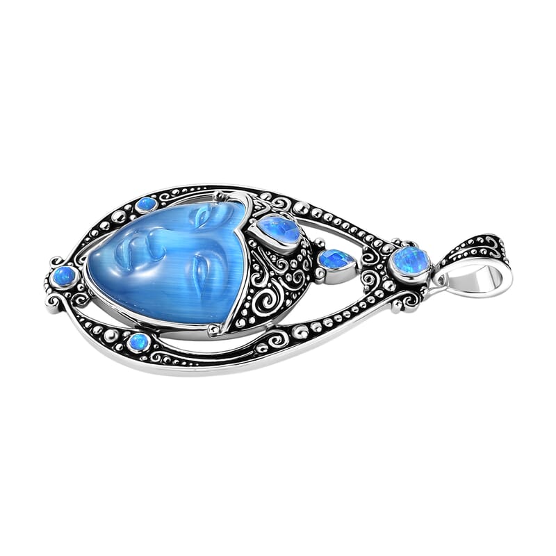 Sajen Silver Optic Fiber Blue Carved and Multi Gemstone 22.50 ctw Pendant without Chain in Rhodium Over Sterling Silver