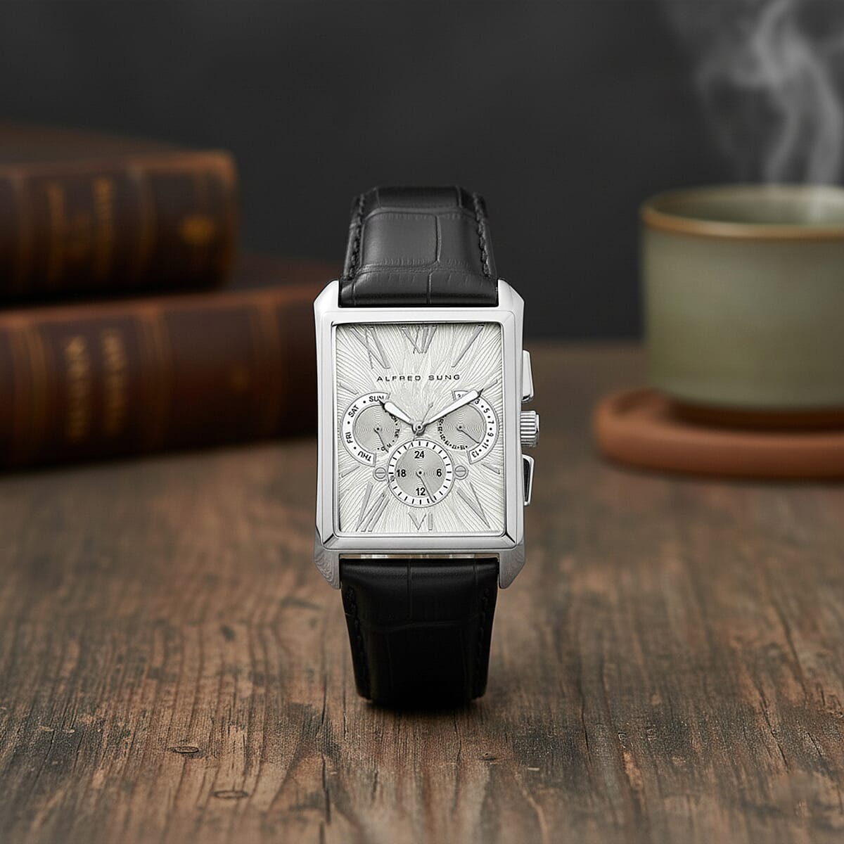 Closeout Alfred Sung Stainless Steel Japanese Movement Watch with Black Genuine Leather Strap image number 1