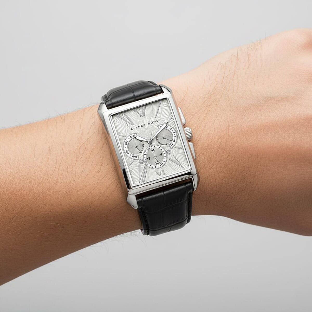 Closeout Alfred Sung Stainless Steel Japanese Movement Watch with Black Genuine Leather Strap image number 2