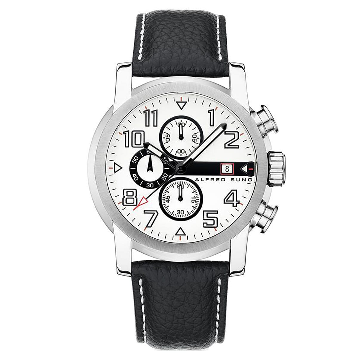 Closeout Alfred Sung Stainless Steel Japanese Movement 46mm Watch with Black Genuine Leather Strap image number 0