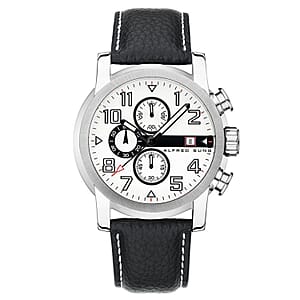 Closeout Alfred Sung Stainless Steel Japanese Movement 46mm Watch with Black Genuine Leather Strap