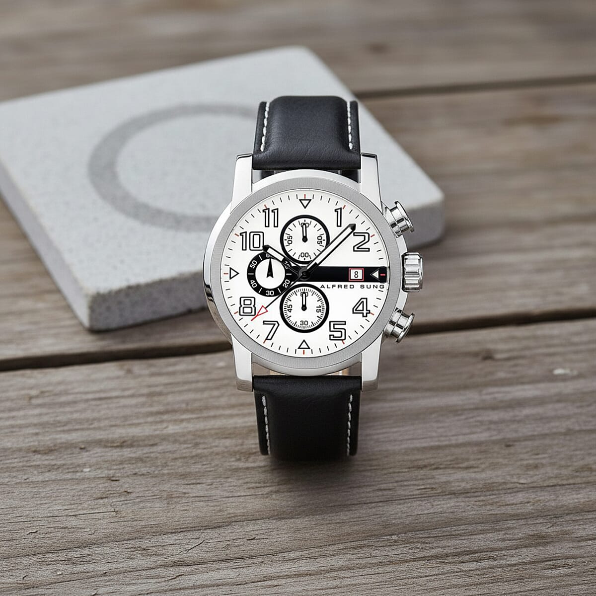 Closeout Alfred Sung Stainless Steel Japanese Movement 46mm Watch with Black Genuine Leather Strap image number 1