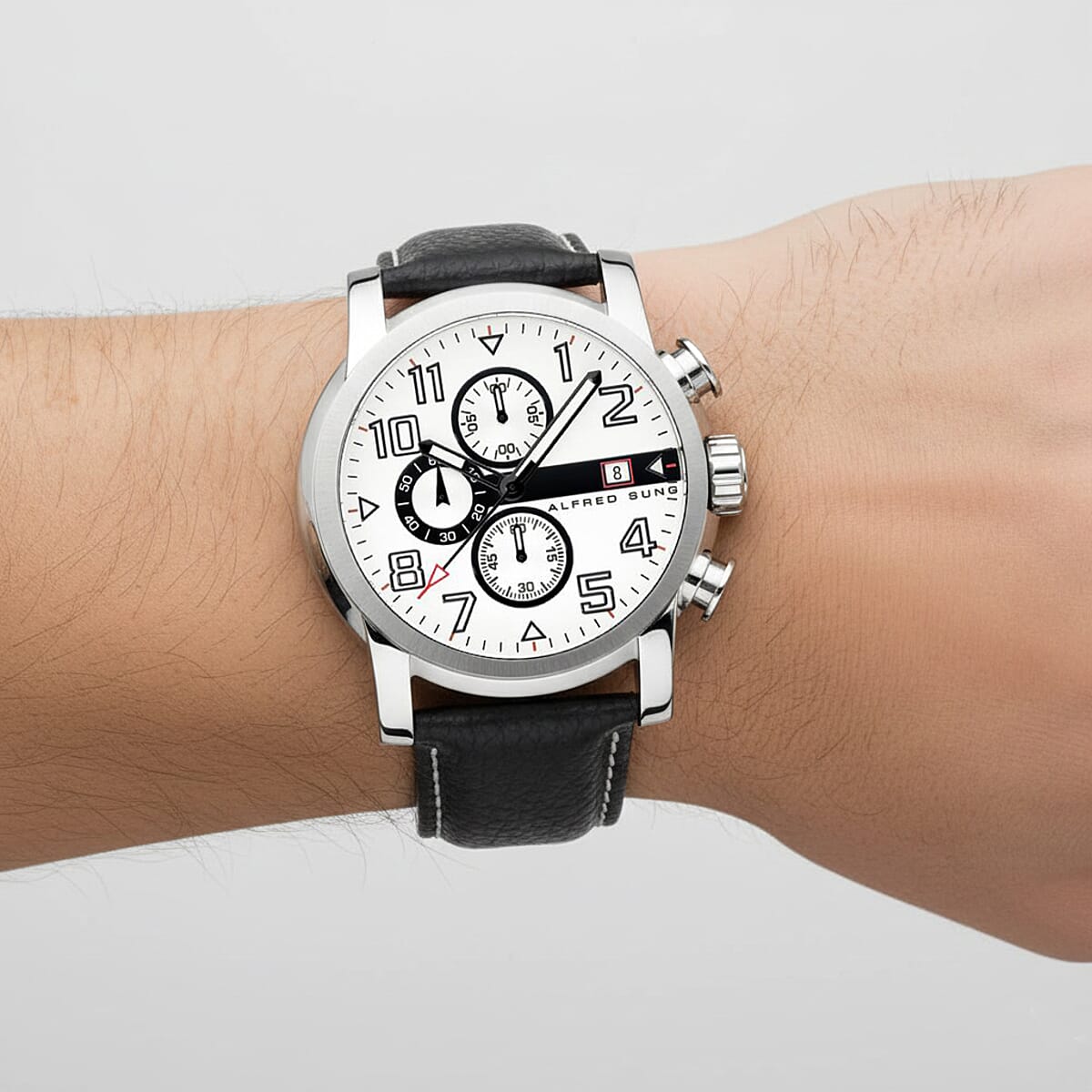 Closeout Alfred Sung Stainless Steel Japanese Movement 46mm Watch with Black Genuine Leather Strap image number 2