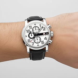 Closeout Alfred Sung Stainless Steel Japanese Movement 46mm Watch with Black Genuine Leather Strap