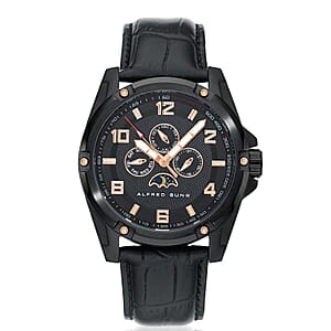 Closeout Alfred Sung ION Plated Black Japanese Movement 46mm Watch with Black Genuine Leather Strap