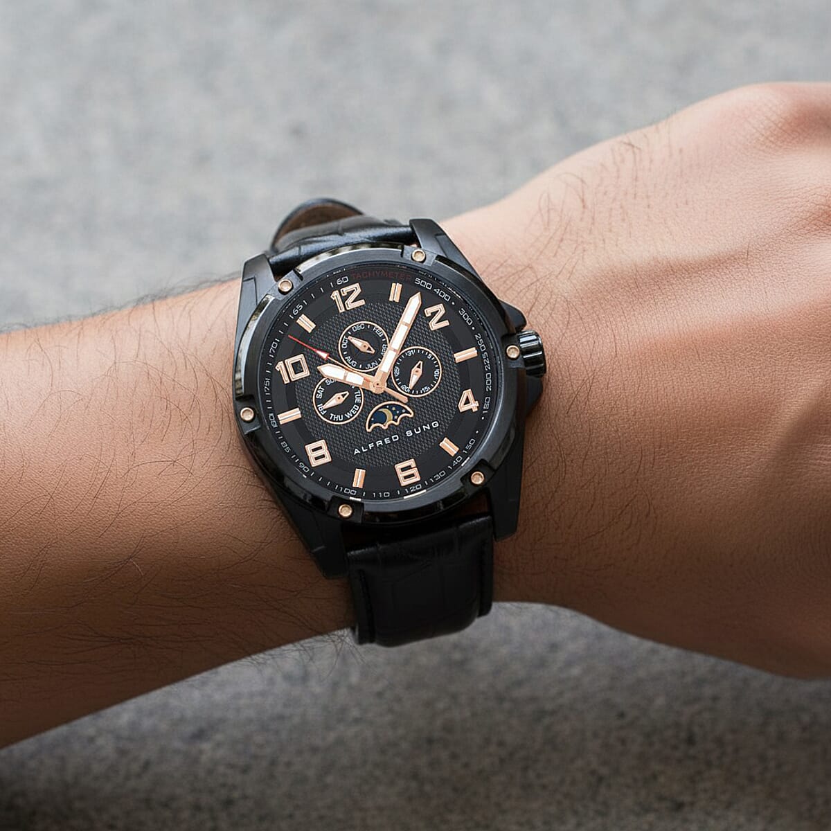 Closeout Alfred Sung ION Plated Black Japanese Movement 46mm Watch with Black Genuine Leather Strap image number 2