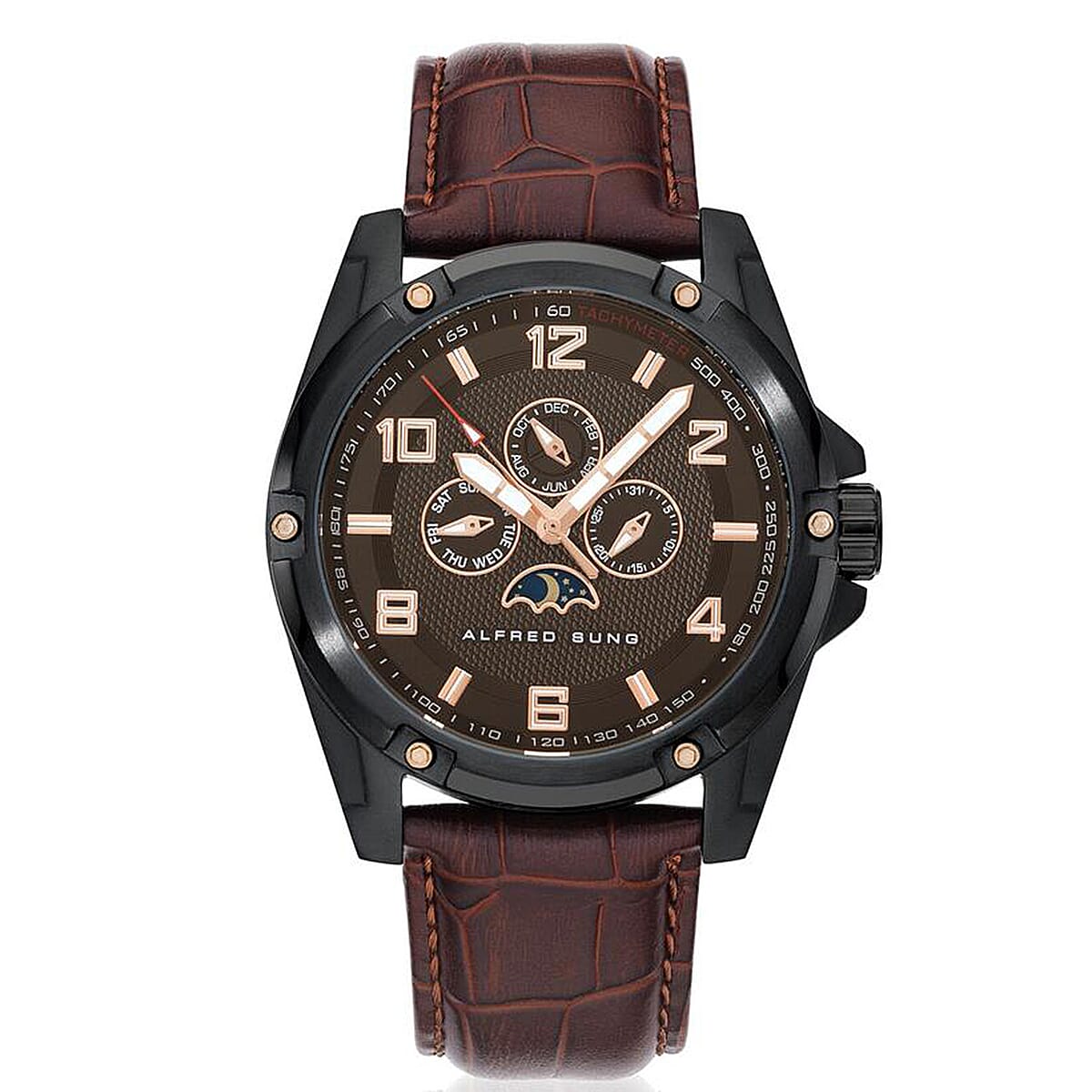 Closeout Alfred Sung ION Plated Black Japanese Movement 46mm Watch with Brown Genuine Leather Strap image number 0