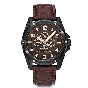 Closeout Alfred Sung ION Plated Black Japanese Movement 46mm Watch with Brown Genuine Leather Strap