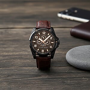 Closeout Alfred Sung ION Plated Black Japanese Movement 46mm Watch with Brown Genuine Leather Strap