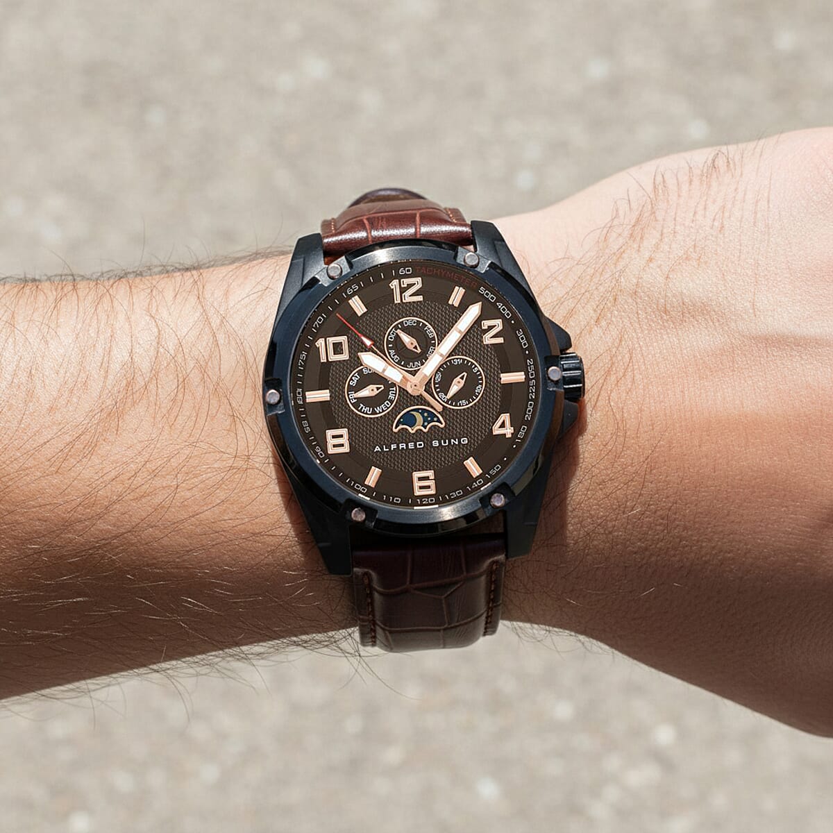 Closeout Alfred Sung ION Plated Black Japanese Movement 46mm Watch with Brown Genuine Leather Strap image number 2