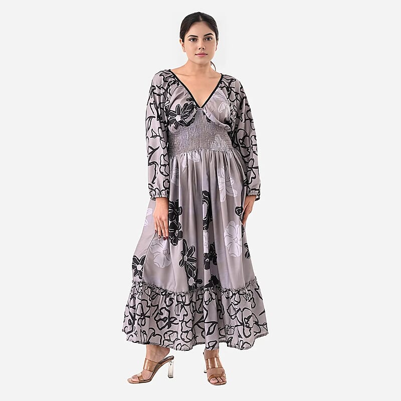 Gray Full Sleeves, Smocked Waist PV Muslin Maxi Dress - One Size Fits Most