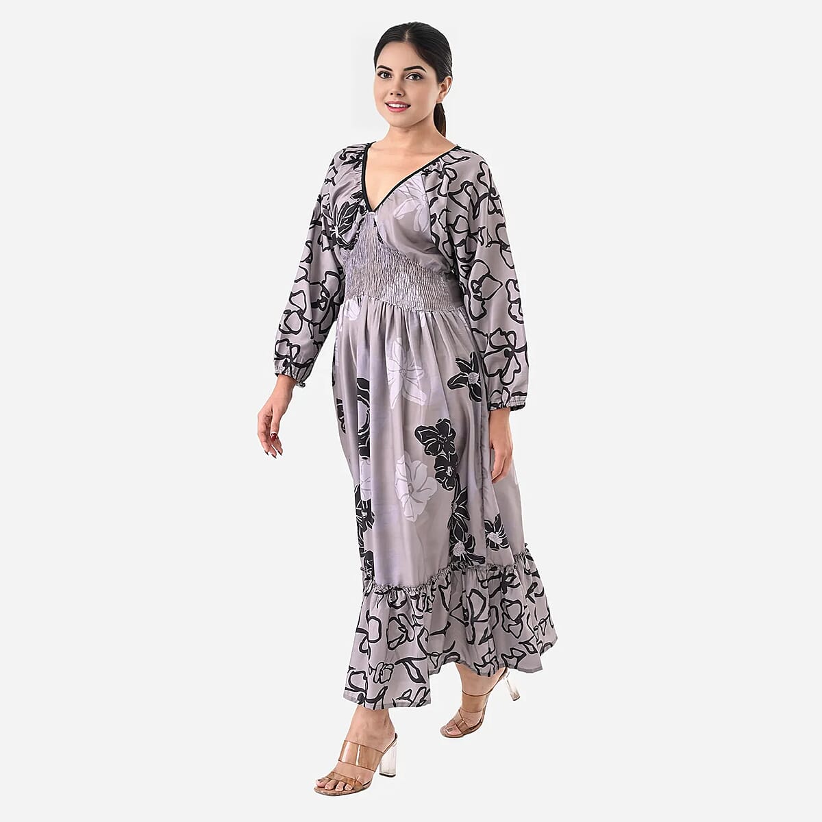 Grey Full Sleeves, Smocked Waist PV Muslin Maxi Dress - One Size Fits Most image number 1