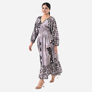 Grey Full Sleeves, Smocked Waist PV Muslin Maxi Dress - One Size Fits Most