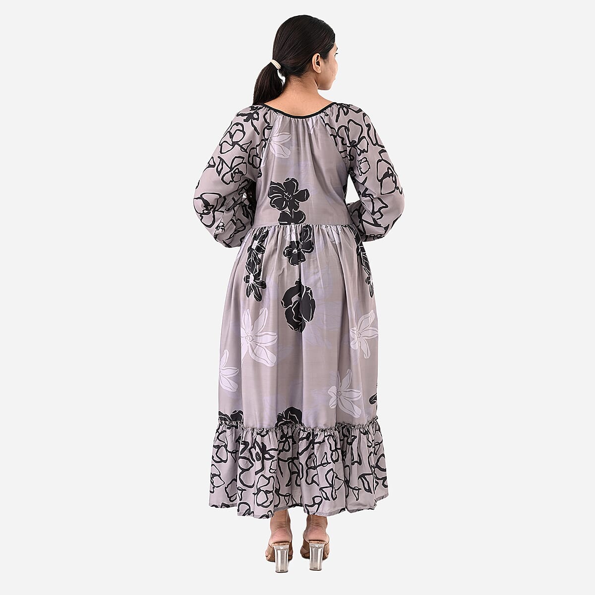 Grey Full Sleeves, Smocked Waist PV Muslin Maxi Dress - One Size Fits Most image number 2