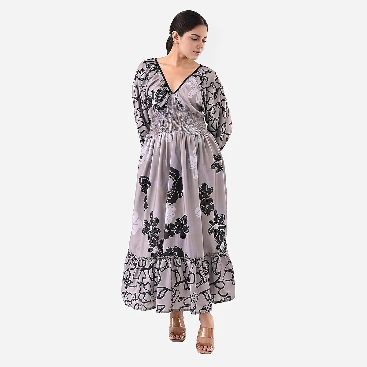 Grey Full Sleeves, Smocked Waist PV Muslin Maxi Dress - One Size Fits Most image number 3