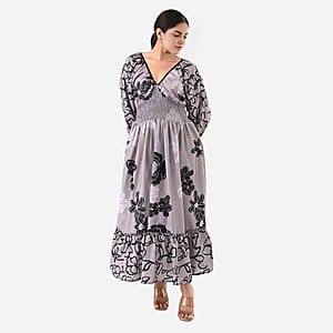 Grey Full Sleeves, Smocked Waist PV Muslin Maxi Dress - One Size Fits Most
