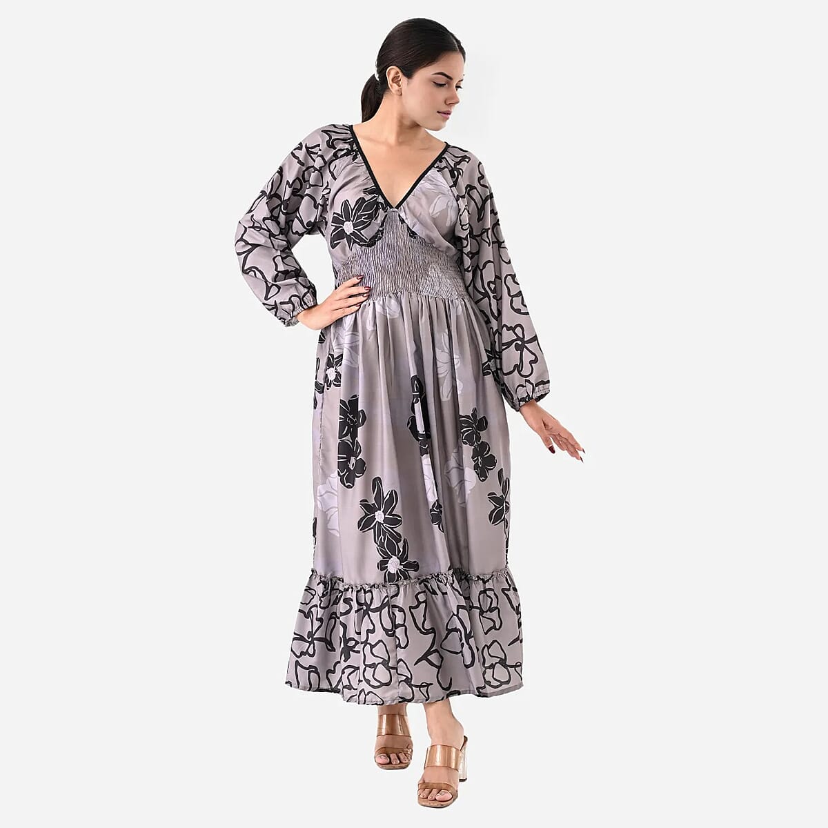 Grey Full Sleeves, Smocked Waist PV Muslin Maxi Dress - One Size Fits Most image number 4