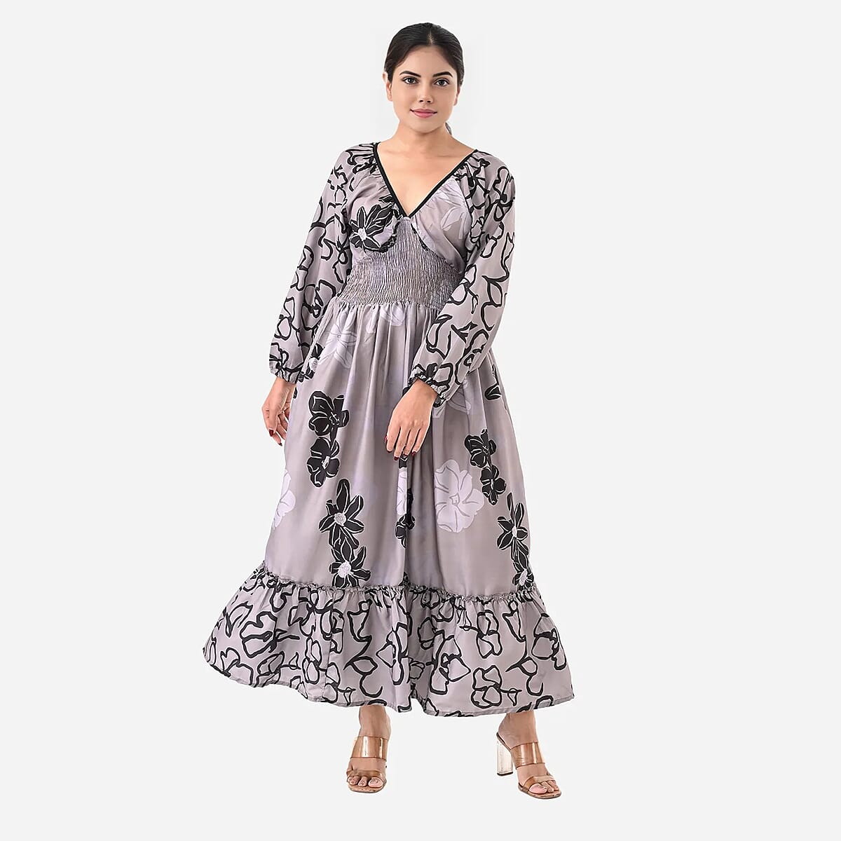 Grey Full Sleeves, Smocked Waist PV Muslin Maxi Dress - One Size Fits Most image number 5