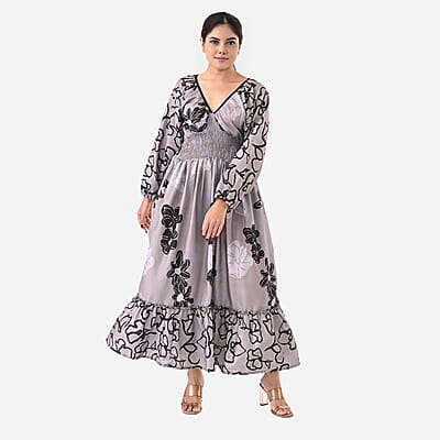 Gray Full Sleeves, Smocked Waist PV Muslin Maxi Dress - One Size Fits Most