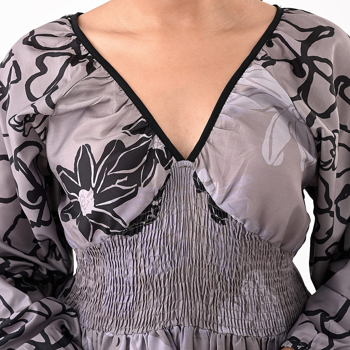 Grey Full Sleeves, Smocked Waist PV Muslin Maxi Dress - One Size Fits Most image number 7