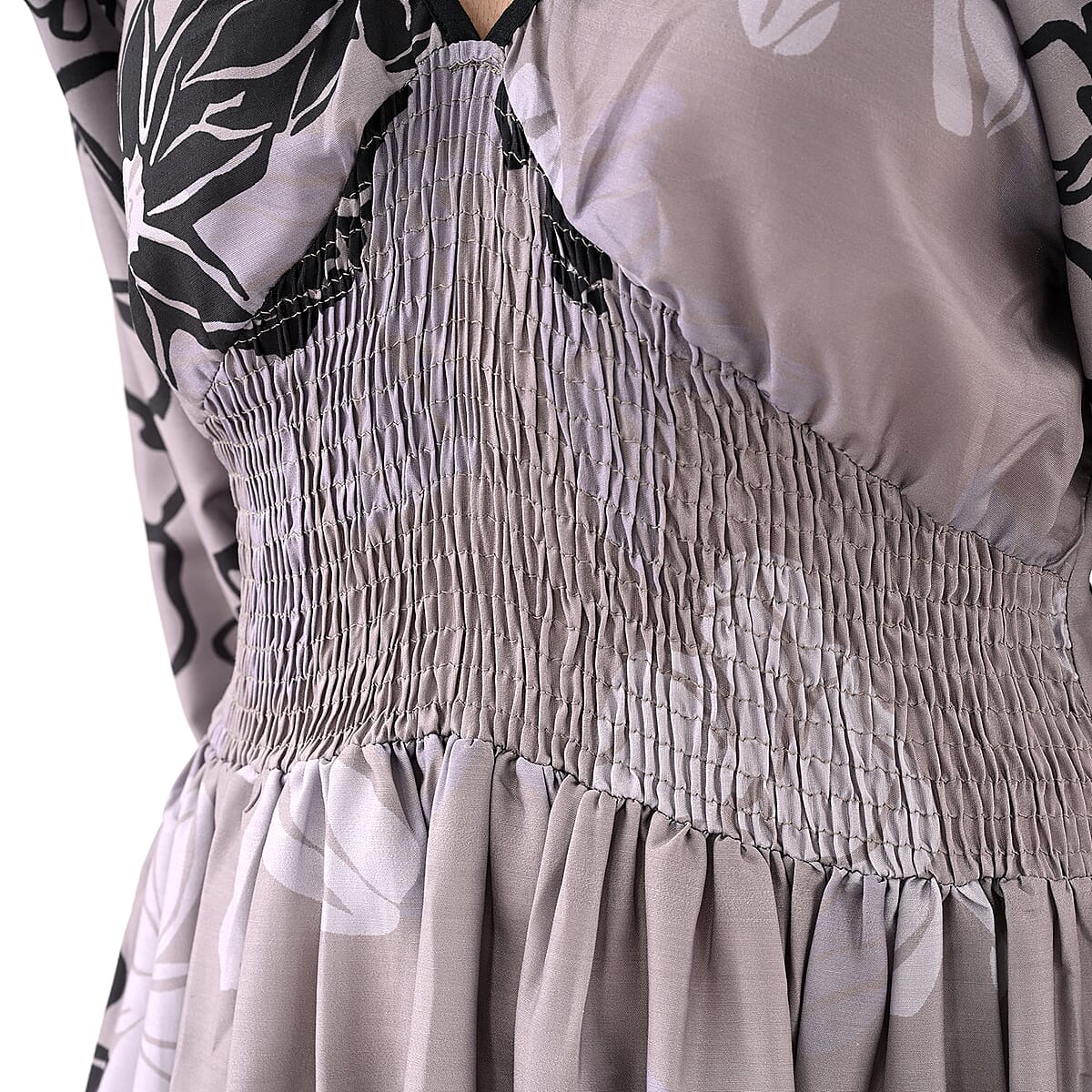Grey Full Sleeves, Smocked Waist PV Muslin Maxi Dress - One Size Fits Most image number 8