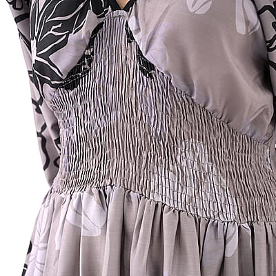 Gray Full Sleeves, Smocked Waist PV Muslin Maxi Dress - One Size Fits Most