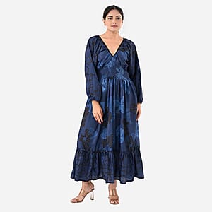 Navy Full Sleeves, Smocked Waist PV Muslin Maxi Dress - One Size Fits Most