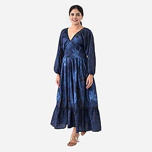 Navy Full Sleeves, Smocked Waist PV Muslin Maxi Dress - One Size Fits Most