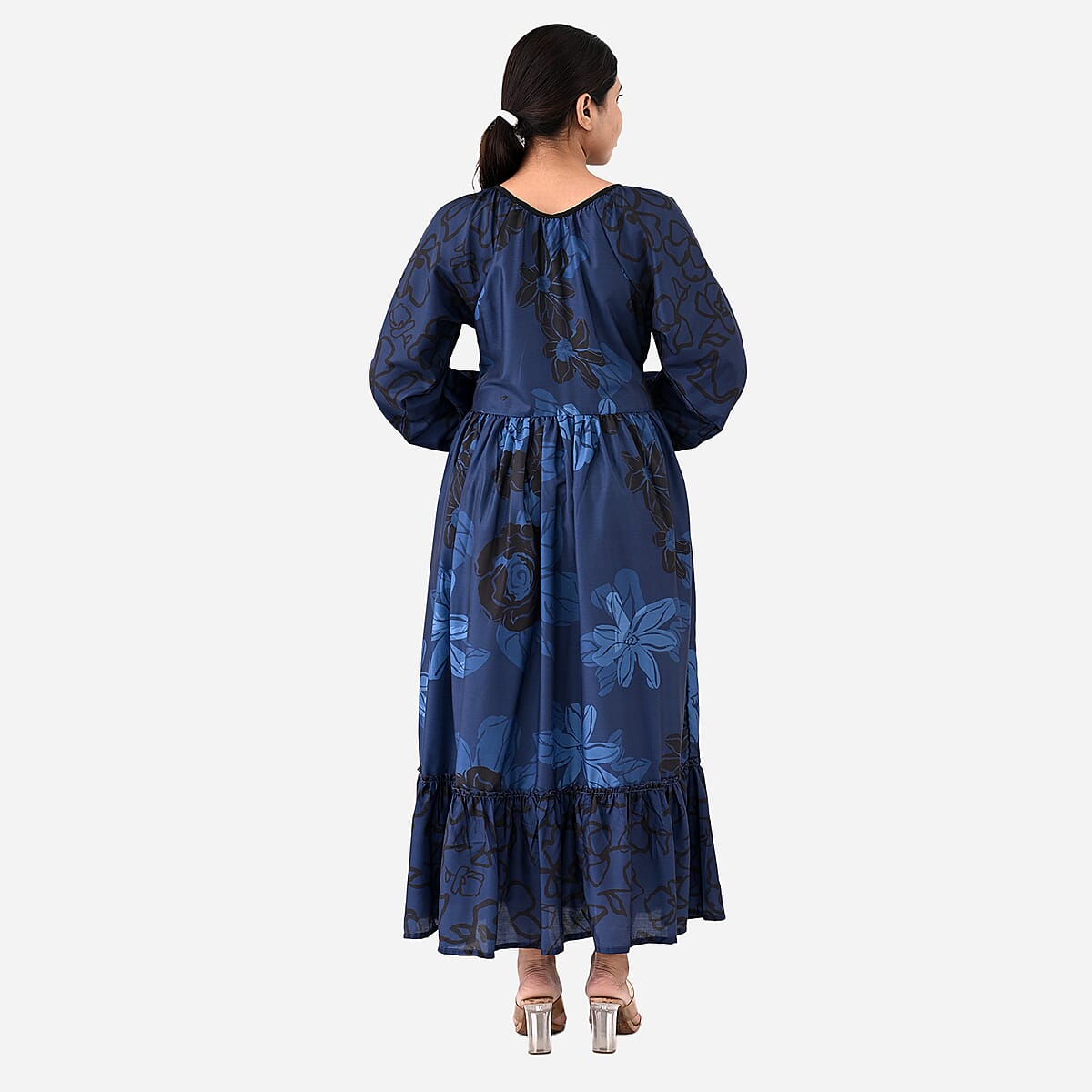 Navy Full Sleeves, Smocked Waist PV Muslin Maxi Dress - One Size Fits Most image number 2
