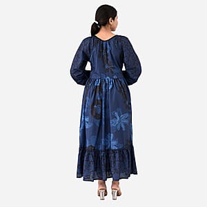 Navy Full Sleeves, Smocked Waist PV Muslin Maxi Dress - One Size Fits Most