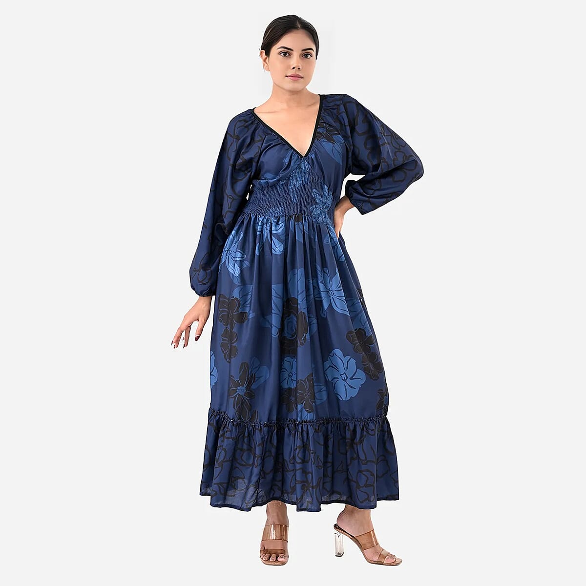 Navy Full Sleeves, Smocked Waist PV Muslin Maxi Dress - One Size Fits Most image number 3