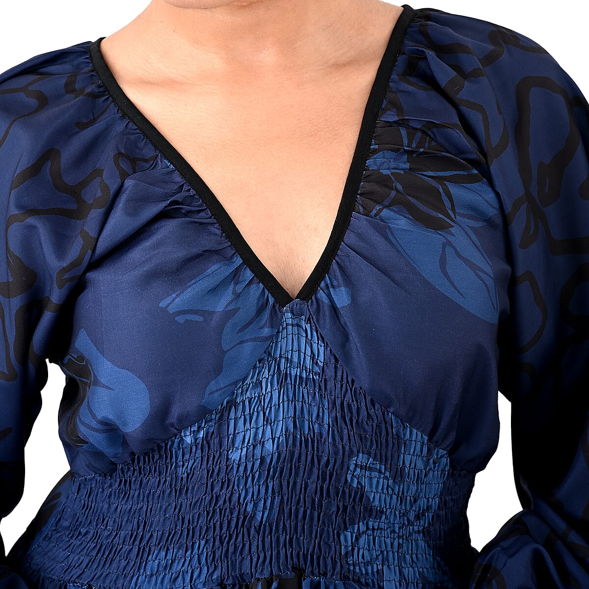 Navy Full Sleeves, Smocked Waist PV Muslin Maxi Dress - One Size Fits Most image number 6