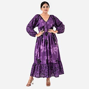 Plum Full Sleeves, Smocked Waist PV Muslin Maxi Dress - One Size Fits Most