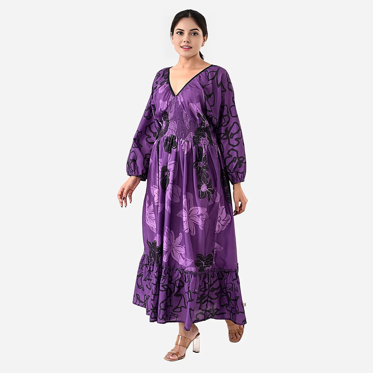 Plum Full Sleeves, Smocked Waist PV Muslin Maxi Dress - One Size Fits Most image number 1