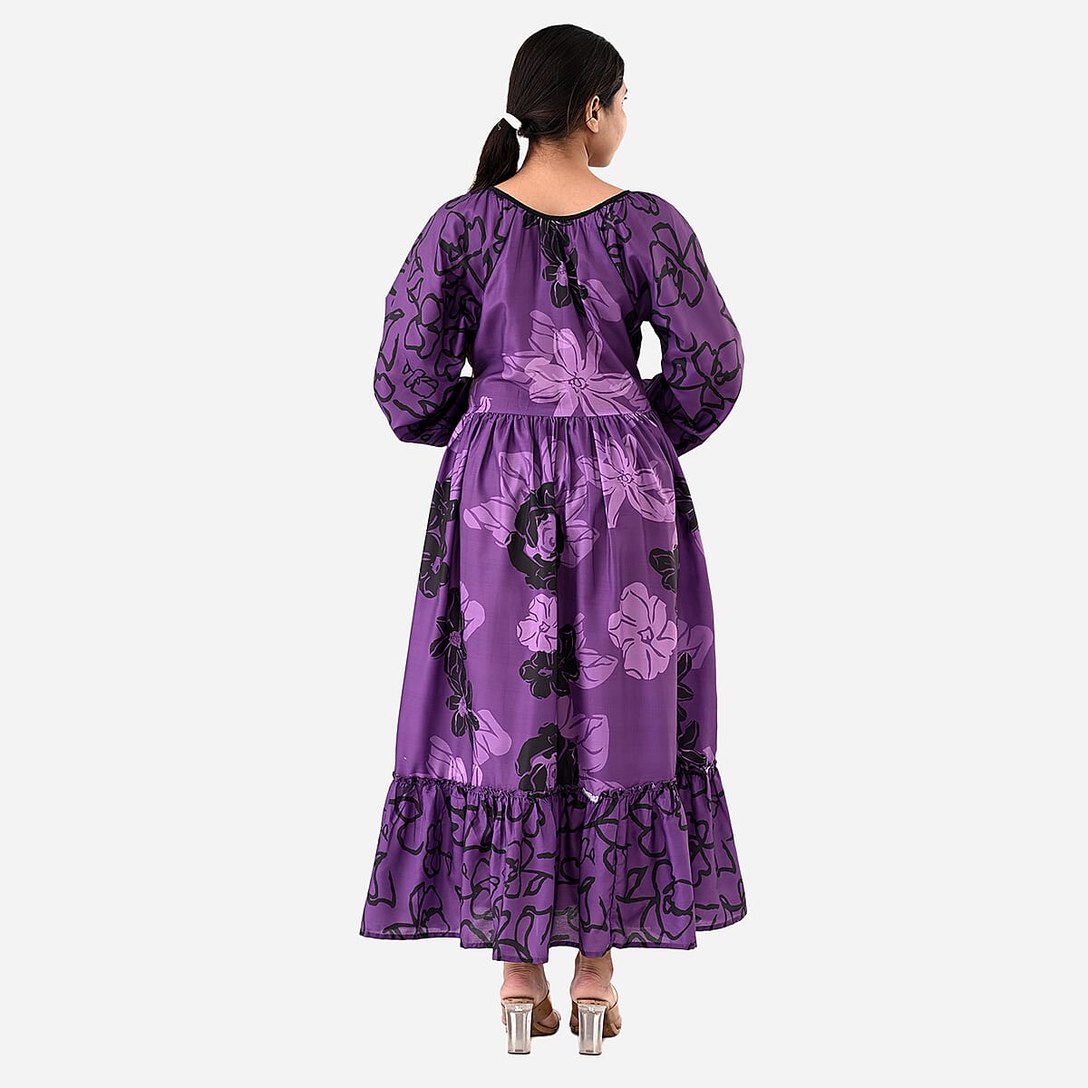 Plum Full Sleeves, Smocked Waist PV Muslin Maxi Dress - One Size Fits Most image number 2