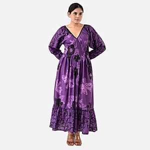 Plum Full Sleeves, Smocked Waist PV Muslin Maxi Dress - One Size Fits Most