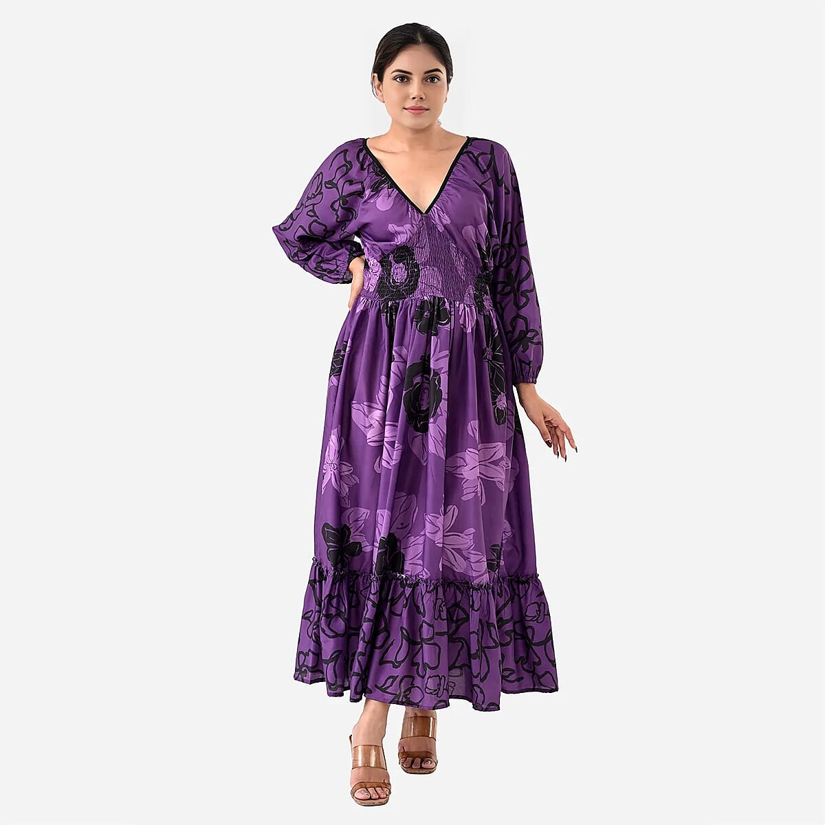Plum Full Sleeves, Smocked Waist PV Muslin Maxi Dress - One Size Fits Most image number 4