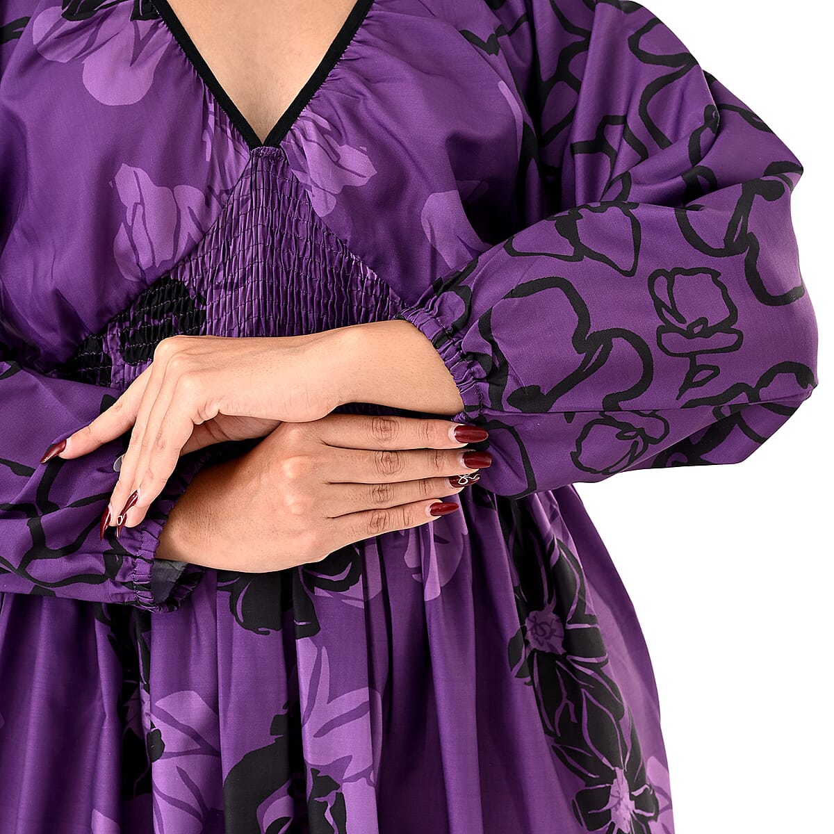 Plum Full Sleeves, Smocked Waist PV Muslin Maxi Dress - One Size Fits Most image number 5