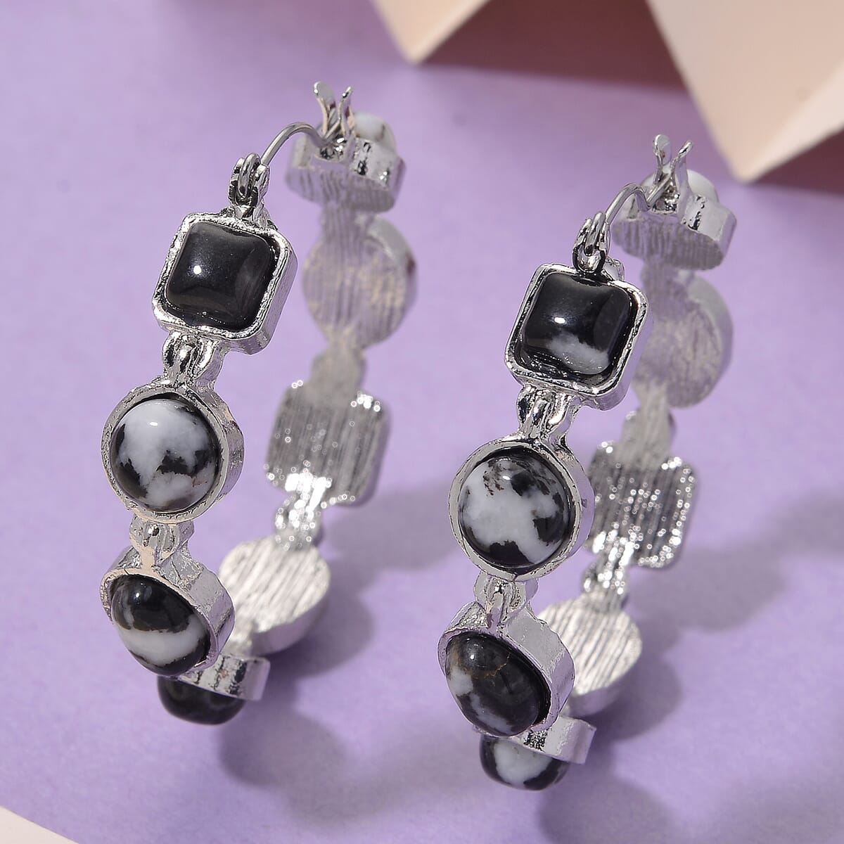 Grey Zebra Jasper 50.00 ctw Hoop Earrings in Silvertone image number 1